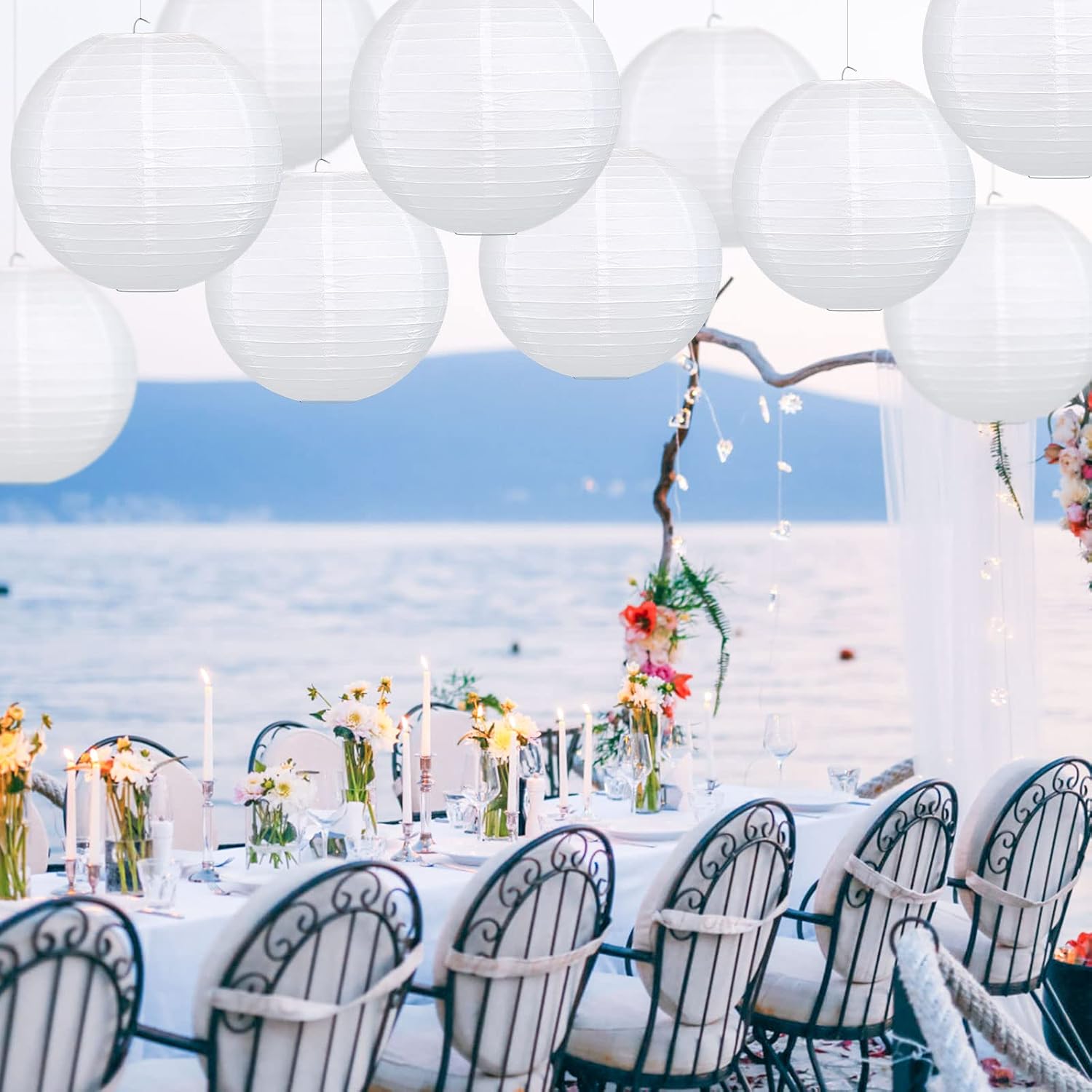 10Pcs White Paper Lanterns, Chinese Hanging Round Paper Lanterns Lamp for Birthday, Party, Christmas Decorations (10 inch) - Image 5