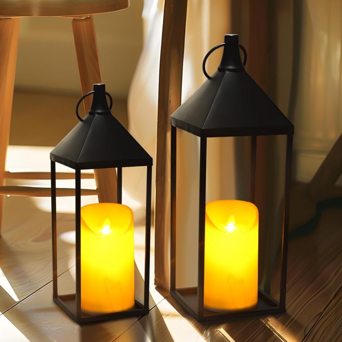 Modern Farmhouse Lantern Decor, 2Pcs Metal Candle Lanterns with Flameless Candles Black Decorative Lantern for Front Porch Covered Patio Dining Table Entryway Table Wedding Home Decor - Image 2