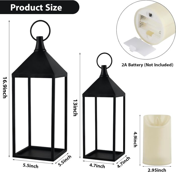Modern Farmhouse Lantern Decor, 2Pcs Metal Candle Lanterns with Flameless Candles Black Decorative Lantern for Front Porch Covered Patio Dining Table Entryway Table Wedding Home Decor - Image 4