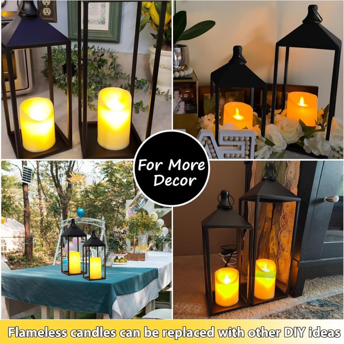 Modern Farmhouse Lantern Decor, 2Pcs Metal Candle Lanterns with Flameless Candles Black Decorative Lantern for Front Porch Covered Patio Dining Table Entryway Table Wedding Home Decor - Image 5