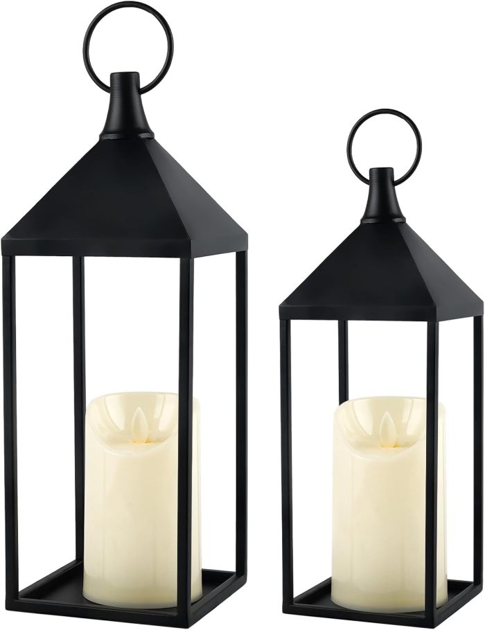 Modern Farmhouse Lantern Decor, 2Pcs Metal Candle Lanterns with Flameless Candles Black Decorative Lantern for Front Porch Covered Patio Dining Table Entryway Table Wedding Home Decor - Image 8